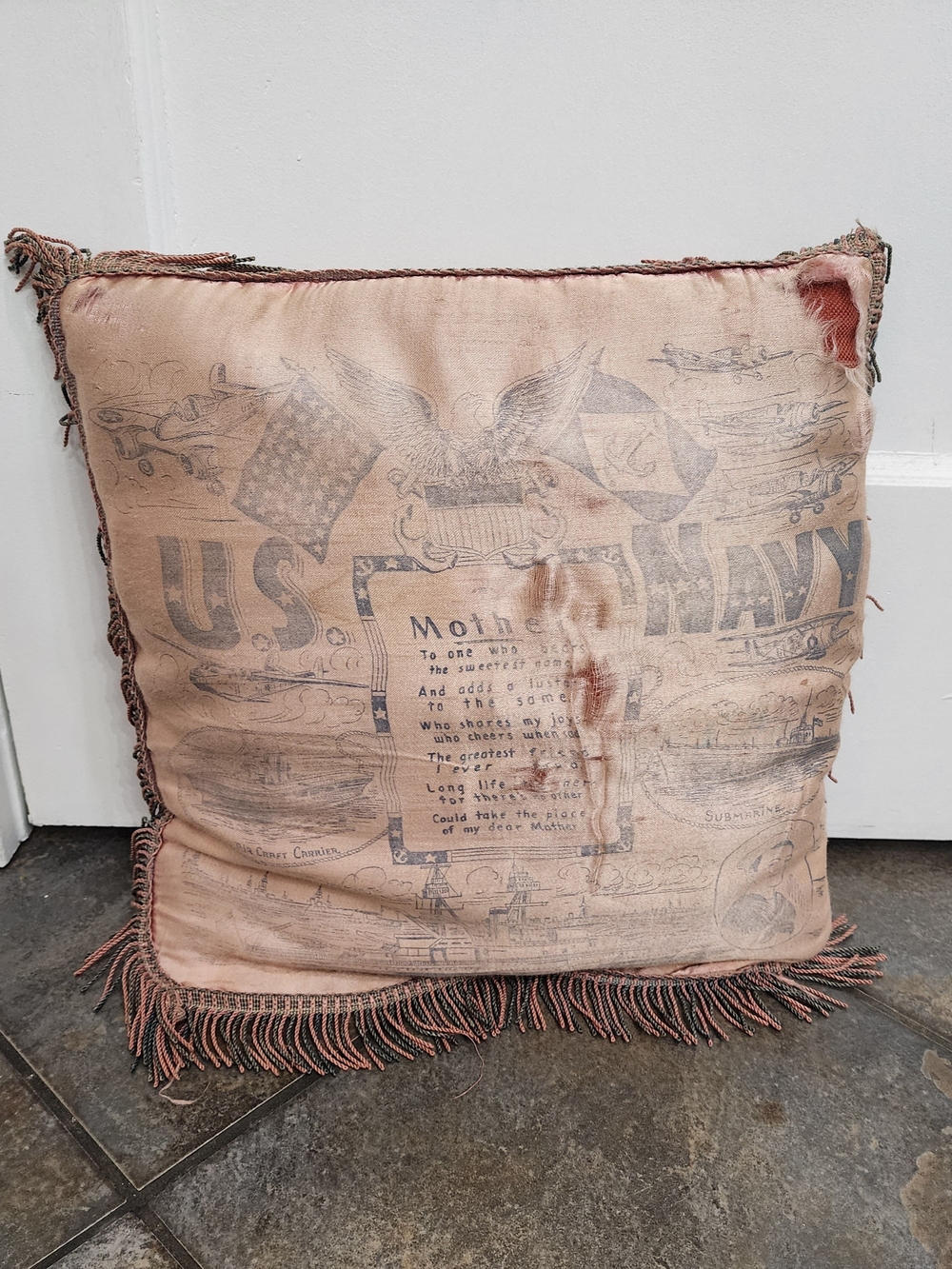 Vintage 1940s WW2 U.S. Navy USN Silk Mother Poem Military Souvenir Pillow